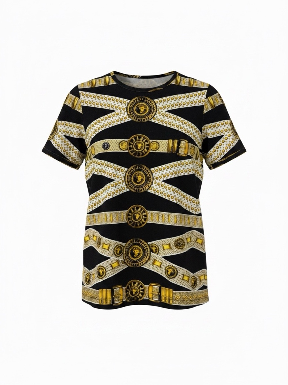 Versus Versace Black, White & Gold Baroque Medallion Short Sleeve Top